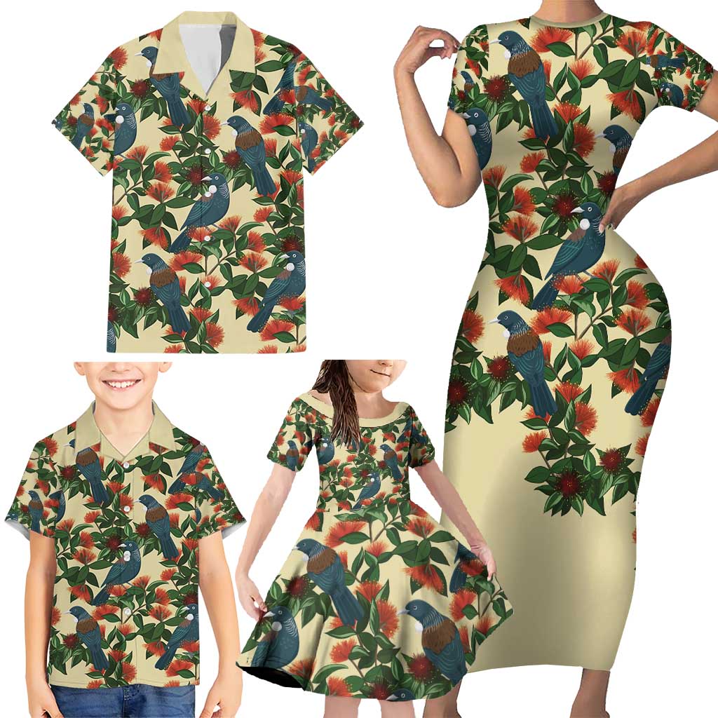 New Zealand Christmas Family Matching Short Sleeve Bodycon Dress and Hawaiian Shirt Romantic Tui Birds on Pohutukawa - Ivory - Vibe Hoodie