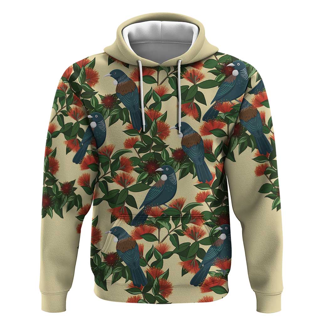 New Zealand Christmas Hoodie Romantic Tui Birds on Pohutukawa - Ivory - Vibe Hoodie