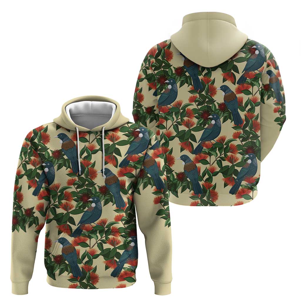 New Zealand Christmas Hoodie Romantic Tui Birds on Pohutukawa - Ivory - Vibe Hoodie