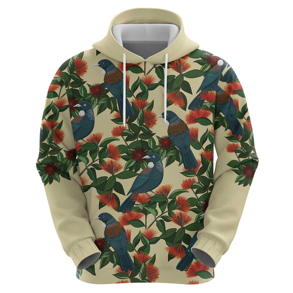 New Zealand Christmas Hoodie Romantic Tui Birds on Pohutukawa - Ivory - Vibe Hoodie