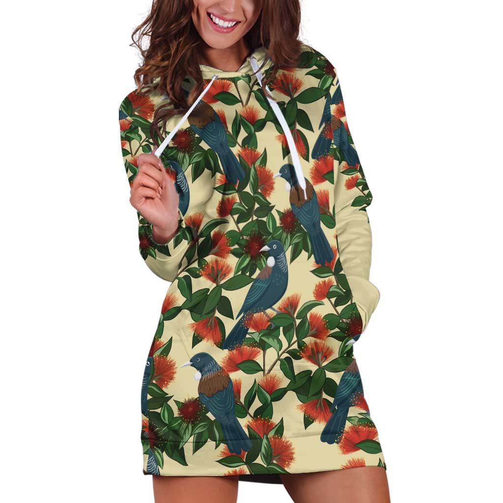 New Zealand Christmas Hoodie Dress Romantic Tui Birds on Pohutukawa - Ivory - Vibe Hoodie