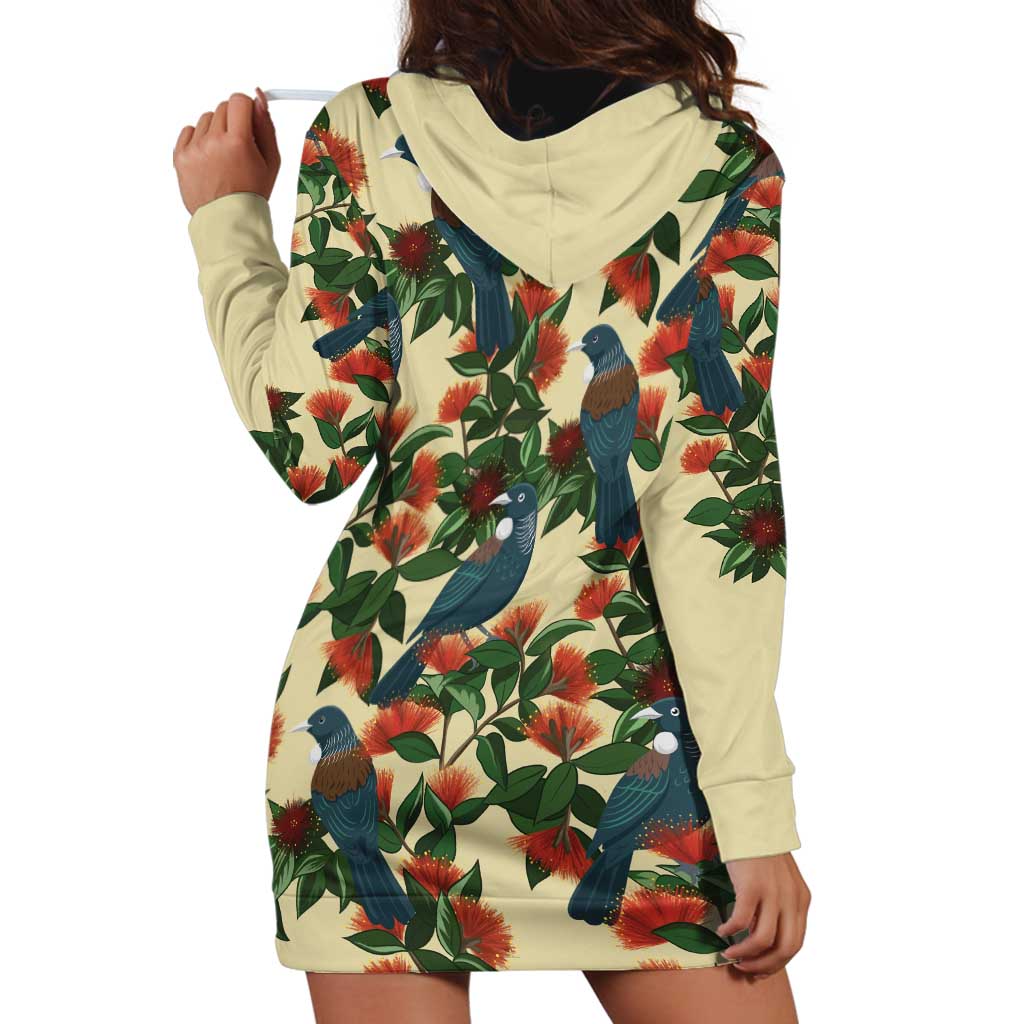 New Zealand Christmas Hoodie Dress Romantic Tui Birds on Pohutukawa - Ivory - Vibe Hoodie