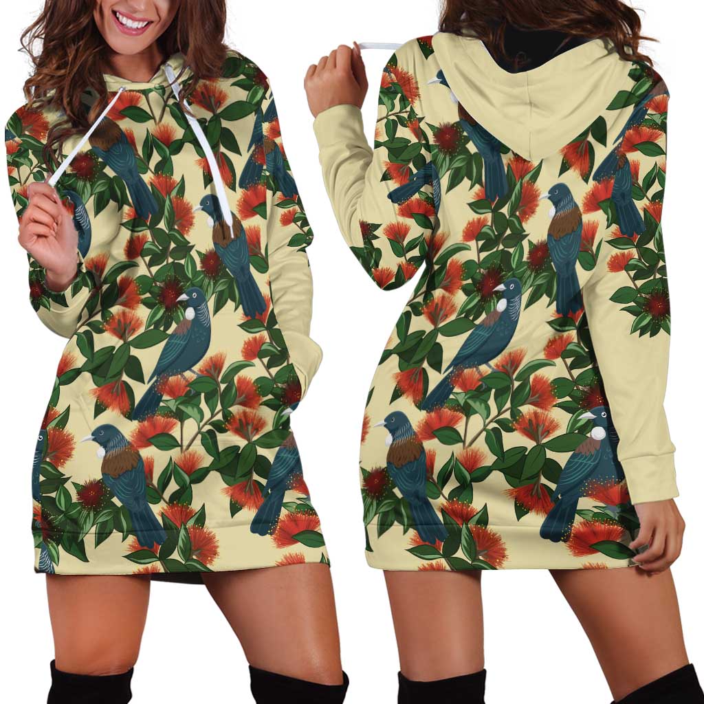 New Zealand Christmas Hoodie Dress Romantic Tui Birds on Pohutukawa - Ivory - Vibe Hoodie