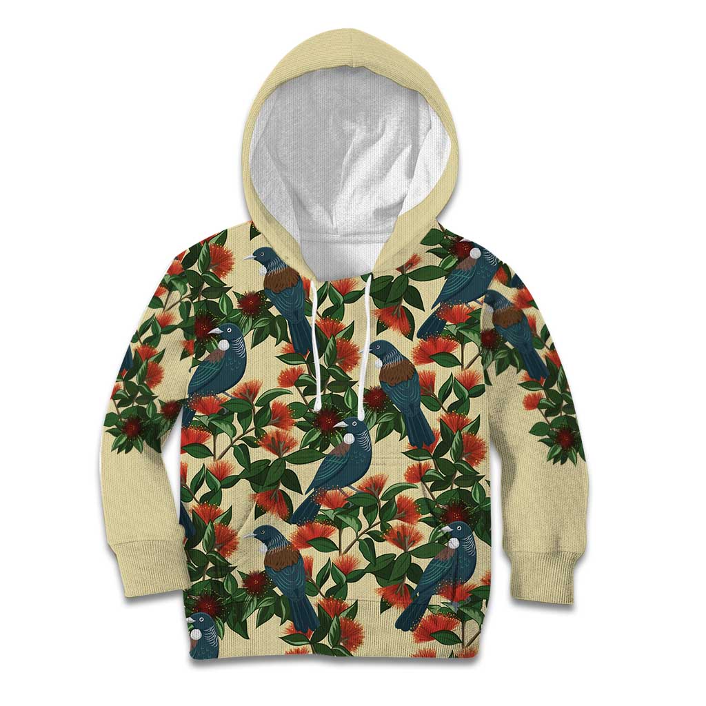 New Zealand Christmas Kid Hoodie Romantic Tui Birds on Pohutukawa - Ivory - Vibe Hoodie