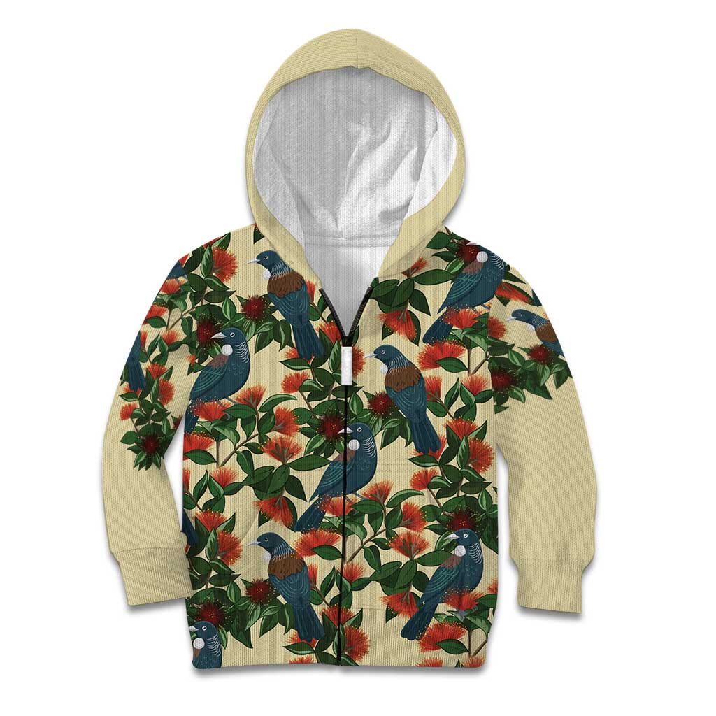 New Zealand Christmas Kid Hoodie Romantic Tui Birds on Pohutukawa - Ivory - Vibe Hoodie