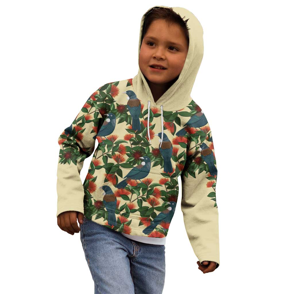 New Zealand Christmas Kid Hoodie Romantic Tui Birds on Pohutukawa - Ivory - Vibe Hoodie