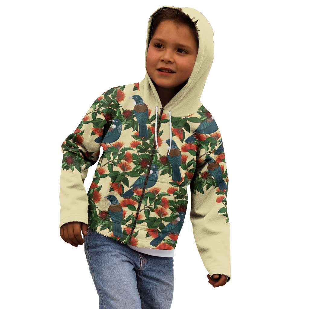 New Zealand Christmas Kid Hoodie Romantic Tui Birds on Pohutukawa - Ivory - Vibe Hoodie
