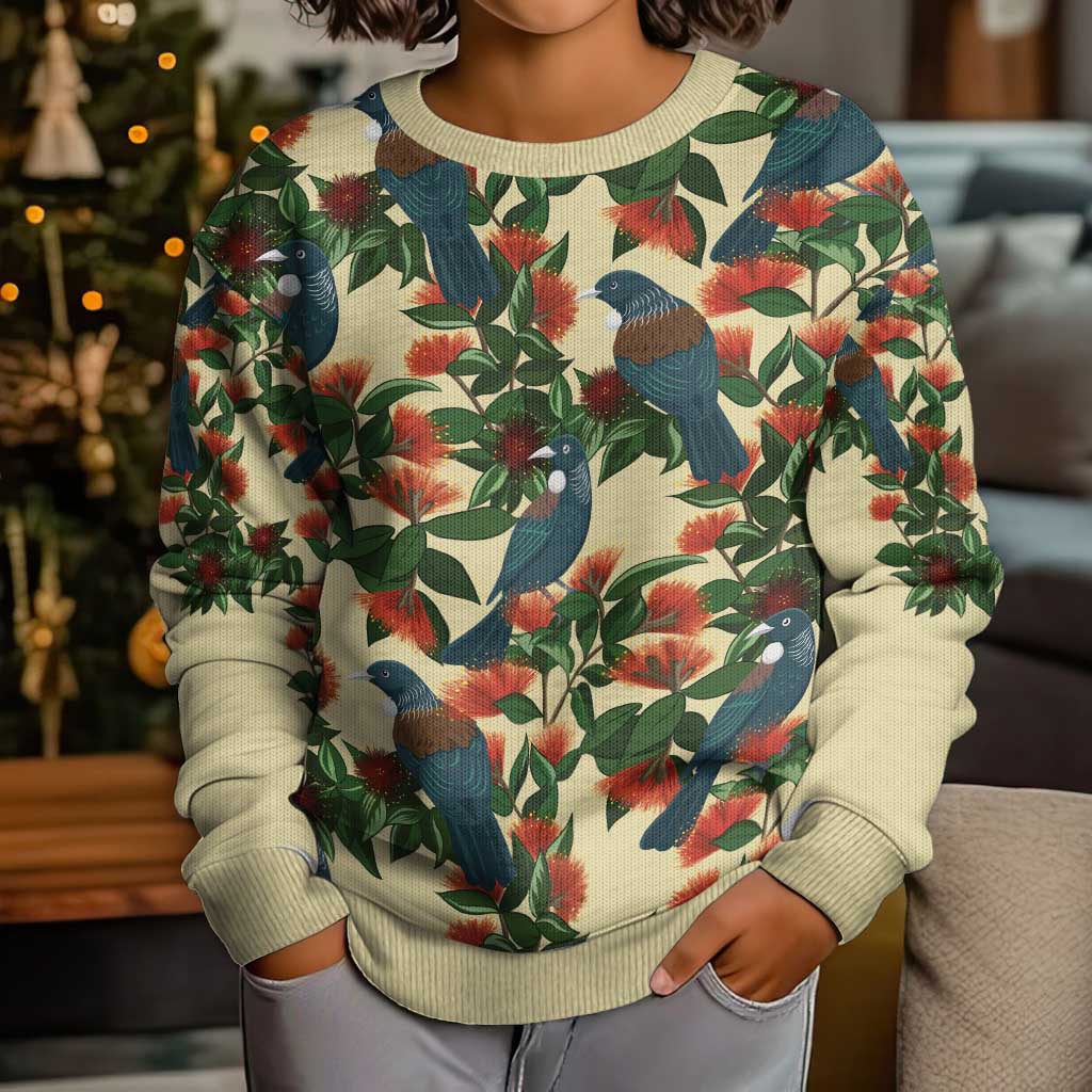 New Zealand Christmas Kid Ugly Christmas Sweater Romantic Tui Birds on Pohutukawa - Ivory - Vibe Hoodie