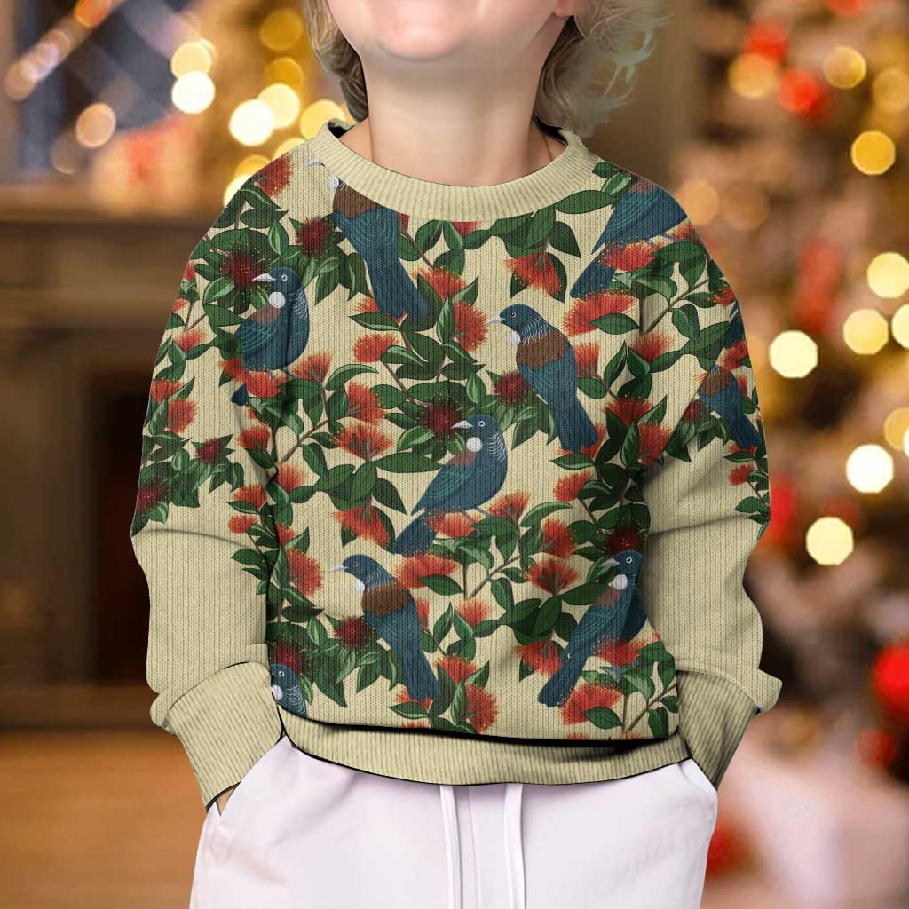 New Zealand Christmas Kid Ugly Christmas Sweater Romantic Tui Birds on Pohutukawa - Ivory - Vibe Hoodie