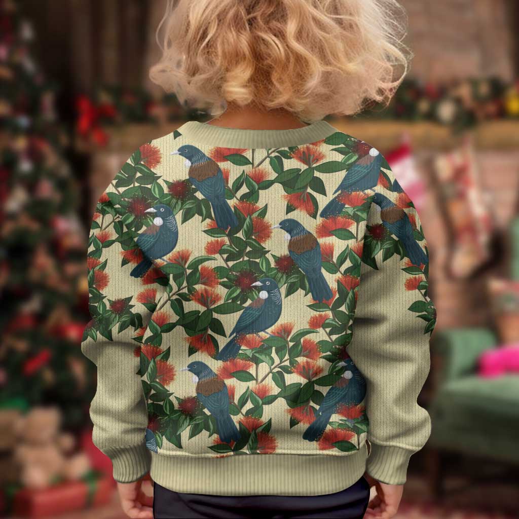 New Zealand Christmas Kid Ugly Christmas Sweater Romantic Tui Birds on Pohutukawa - Ivory - Vibe Hoodie
