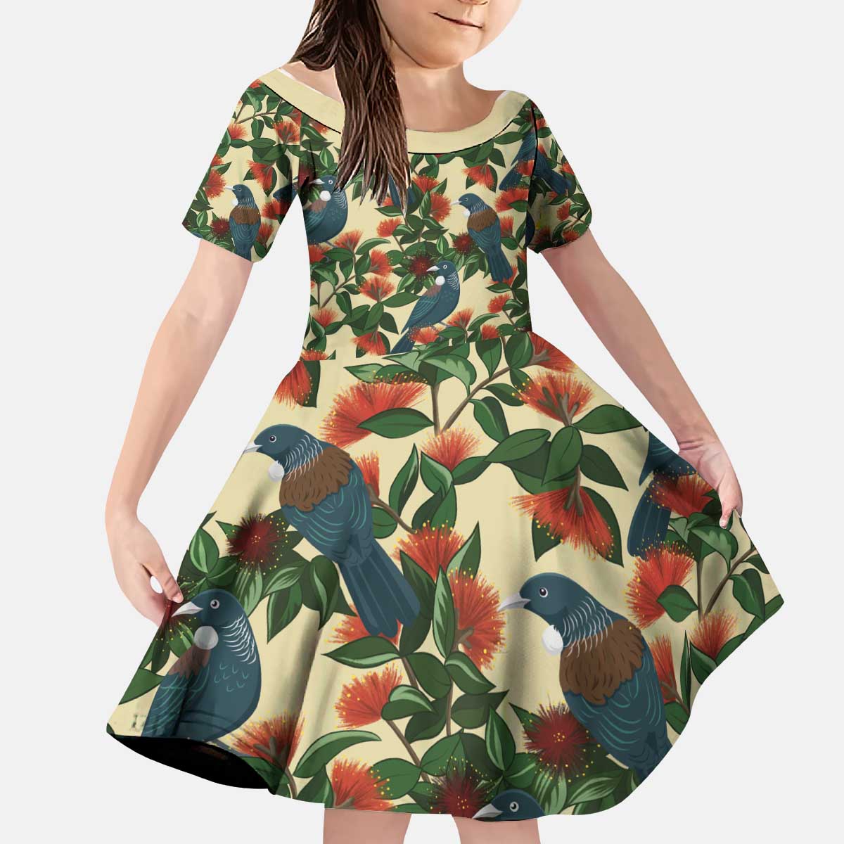 New Zealand Christmas Kid Short Sleeve Dress Romantic Tui Birds on Pohutukawa - Ivory - Vibe Hoodie