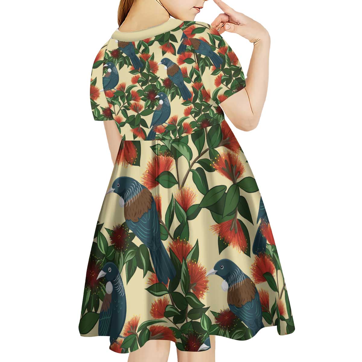 New Zealand Christmas Kid Short Sleeve Dress Romantic Tui Birds on Pohutukawa - Ivory - Vibe Hoodie