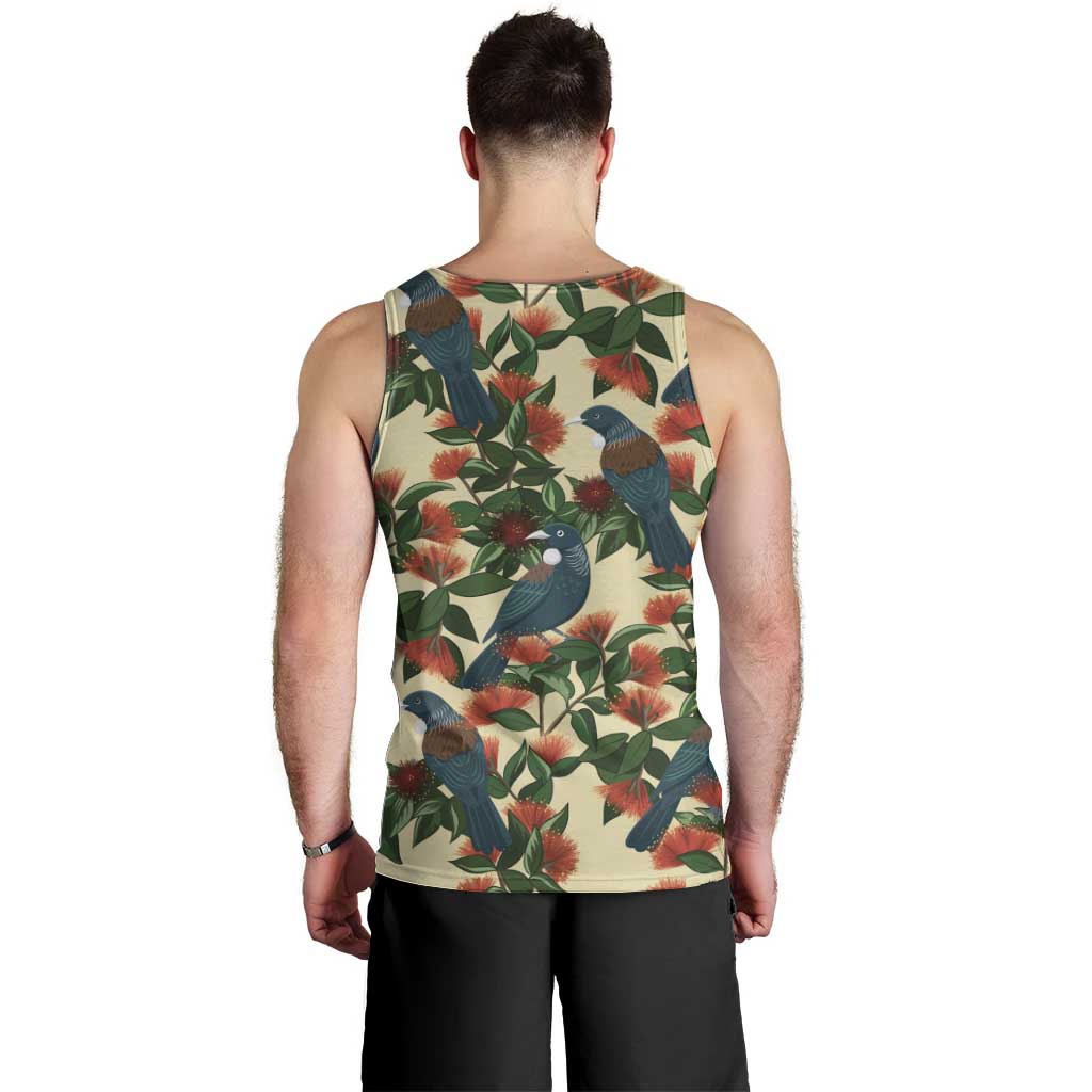 New Zealand Christmas Men Tank Top Romantic Tui Birds on Pohutukawa - Ivory - Vibe Hoodie