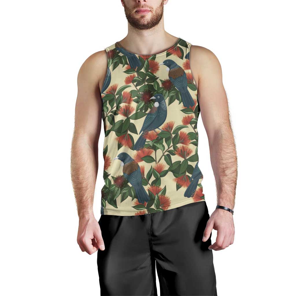 New Zealand Christmas Men Tank Top Romantic Tui Birds on Pohutukawa - Ivory - Vibe Hoodie