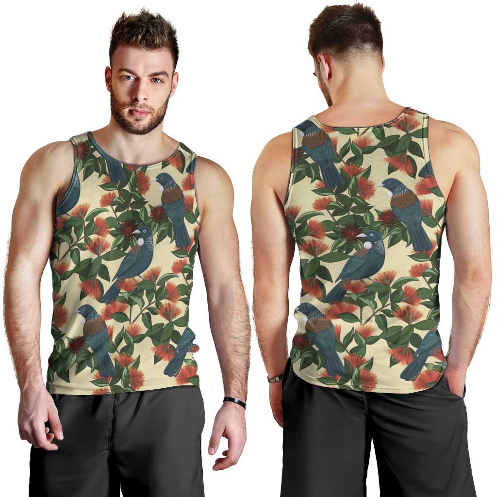 New Zealand Christmas Men Tank Top Romantic Tui Birds on Pohutukawa - Ivory - Vibe Hoodie