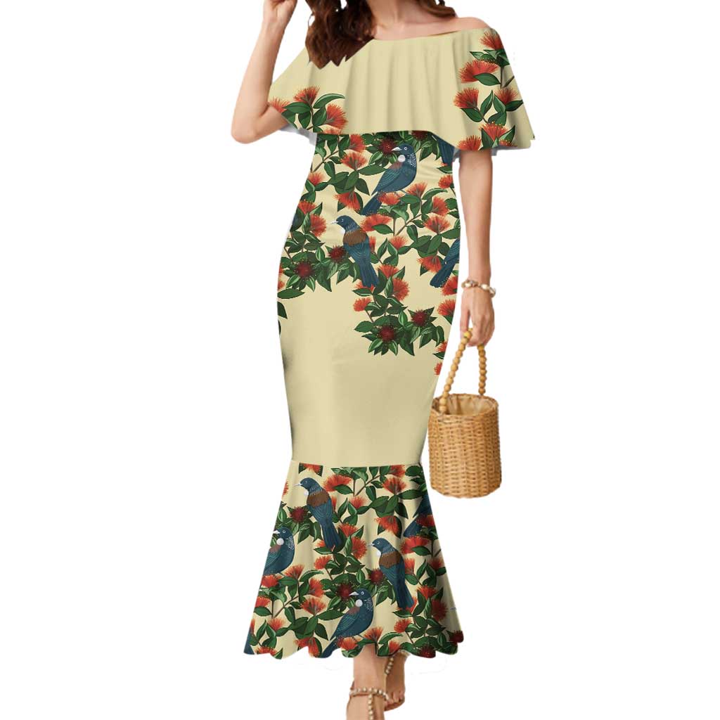 New Zealand Christmas Mermaid Dress Romantic Tui Birds on Pohutukawa - Ivory - Vibe Hoodie