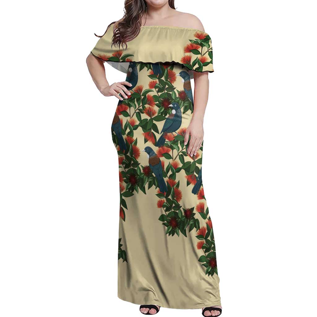 New Zealand Christmas Off Shoulder Maxi Dress Romantic Tui Birds on Pohutukawa - Ivory - Vibe Hoodie