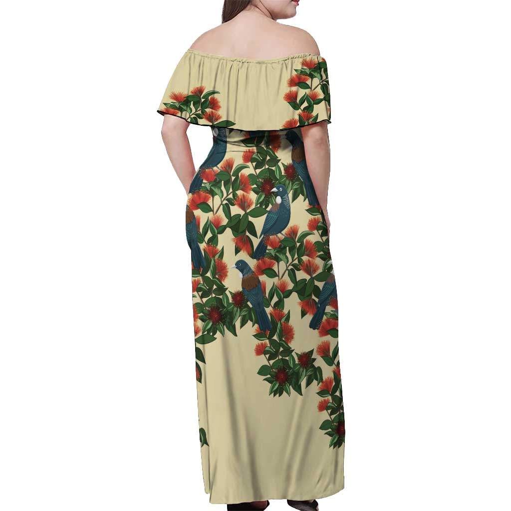 New Zealand Christmas Off Shoulder Maxi Dress Romantic Tui Birds on Pohutukawa - Ivory - Vibe Hoodie