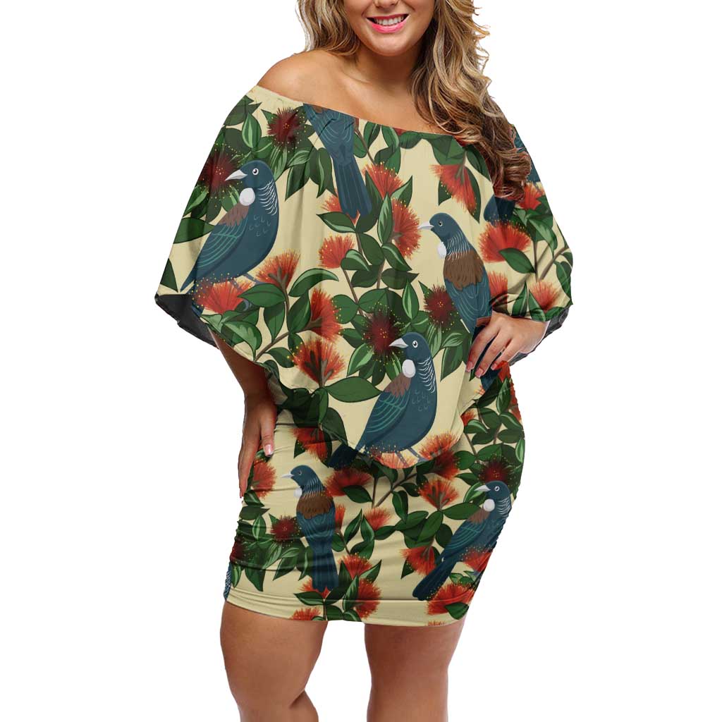 New Zealand Christmas Off Shoulder Short Dress Romantic Tui Birds on Pohutukawa - Ivory - Vibe Hoodie