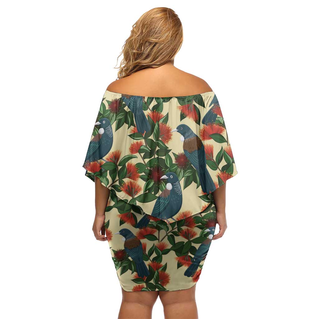 New Zealand Christmas Off Shoulder Short Dress Romantic Tui Birds on Pohutukawa - Ivory - Vibe Hoodie