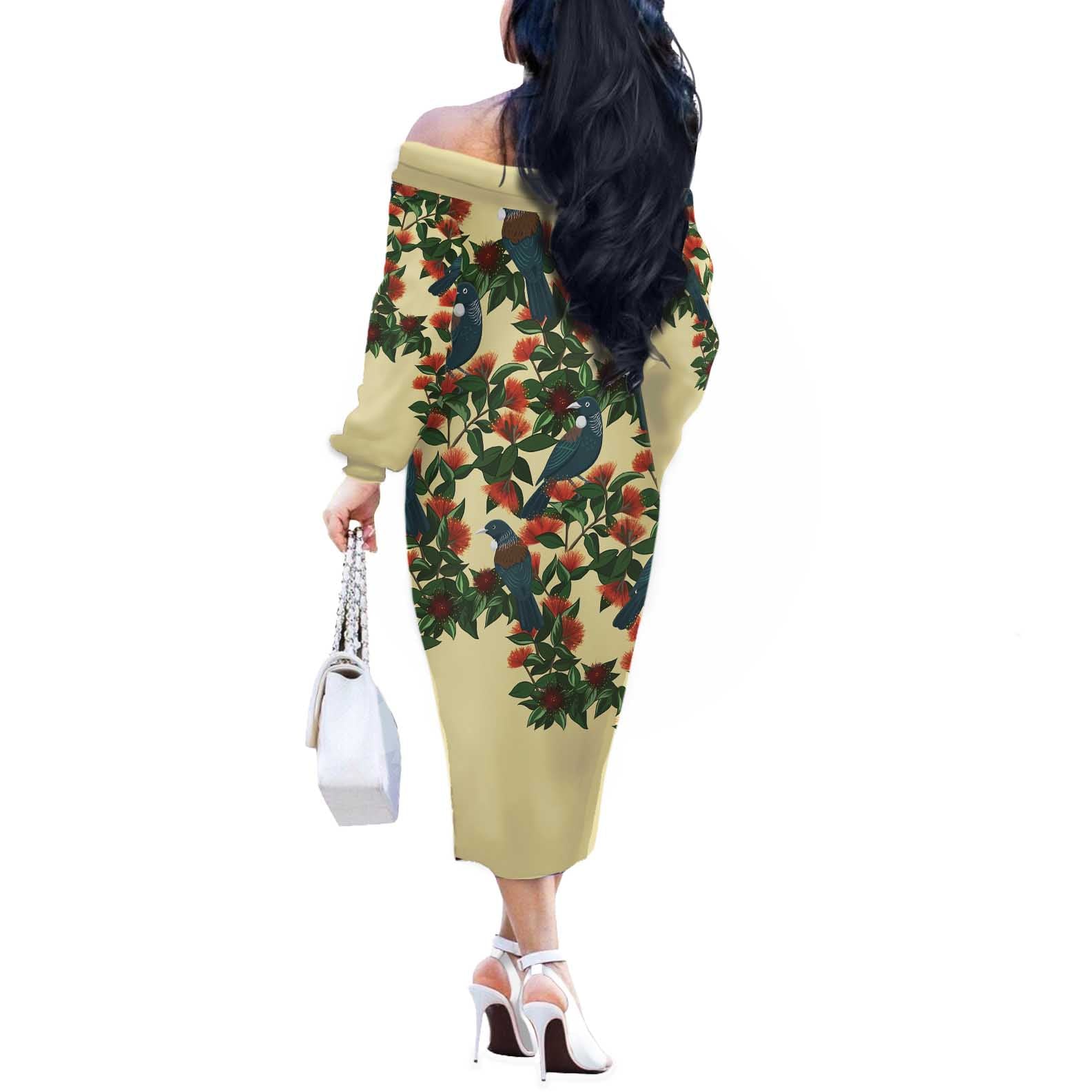 New Zealand Christmas Off The Shoulder Long Sleeve Dress Romantic Tui Birds on Pohutukawa - Ivory - Vibe Hoodie