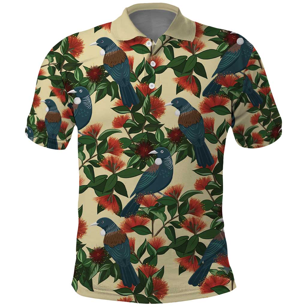 New Zealand Christmas Polo Shirt Romantic Tui Birds on Pohutukawa - Ivory - Vibe Hoodie