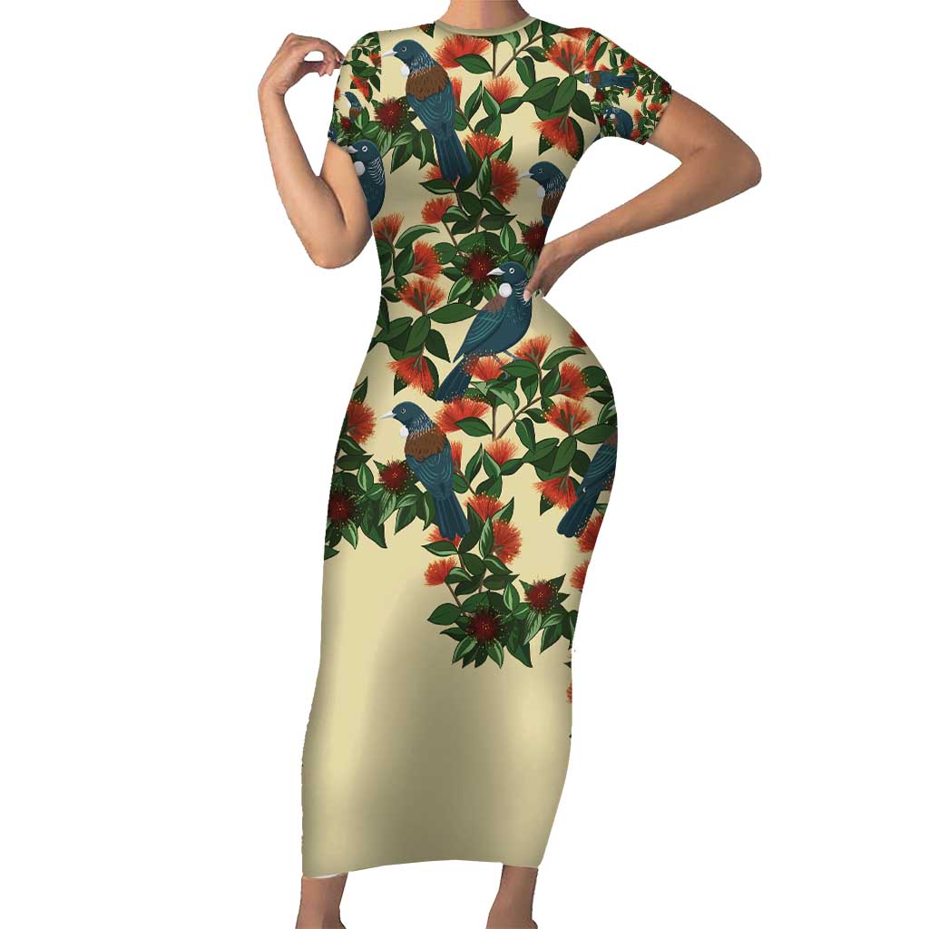 New Zealand Christmas Short Sleeve Bodycon Dress Romantic Tui Birds on Pohutukawa - Ivory - Vibe Hoodie