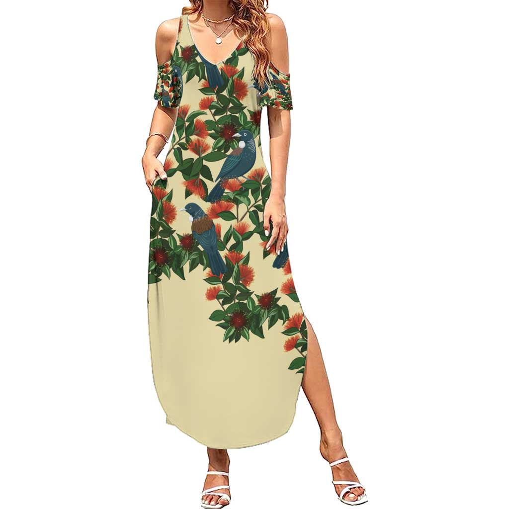 New Zealand Christmas Summer Maxi Dress Romantic Tui Birds on Pohutukawa - Ivory - Vibe Hoodie