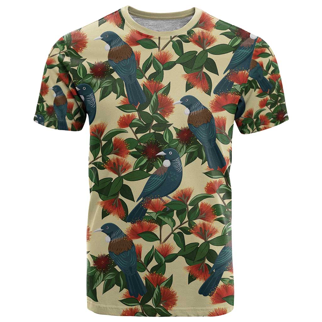 New Zealand Christmas T Shirt Romantic Tui Birds on Pohutukawa - Ivory - Vibe Hoodie