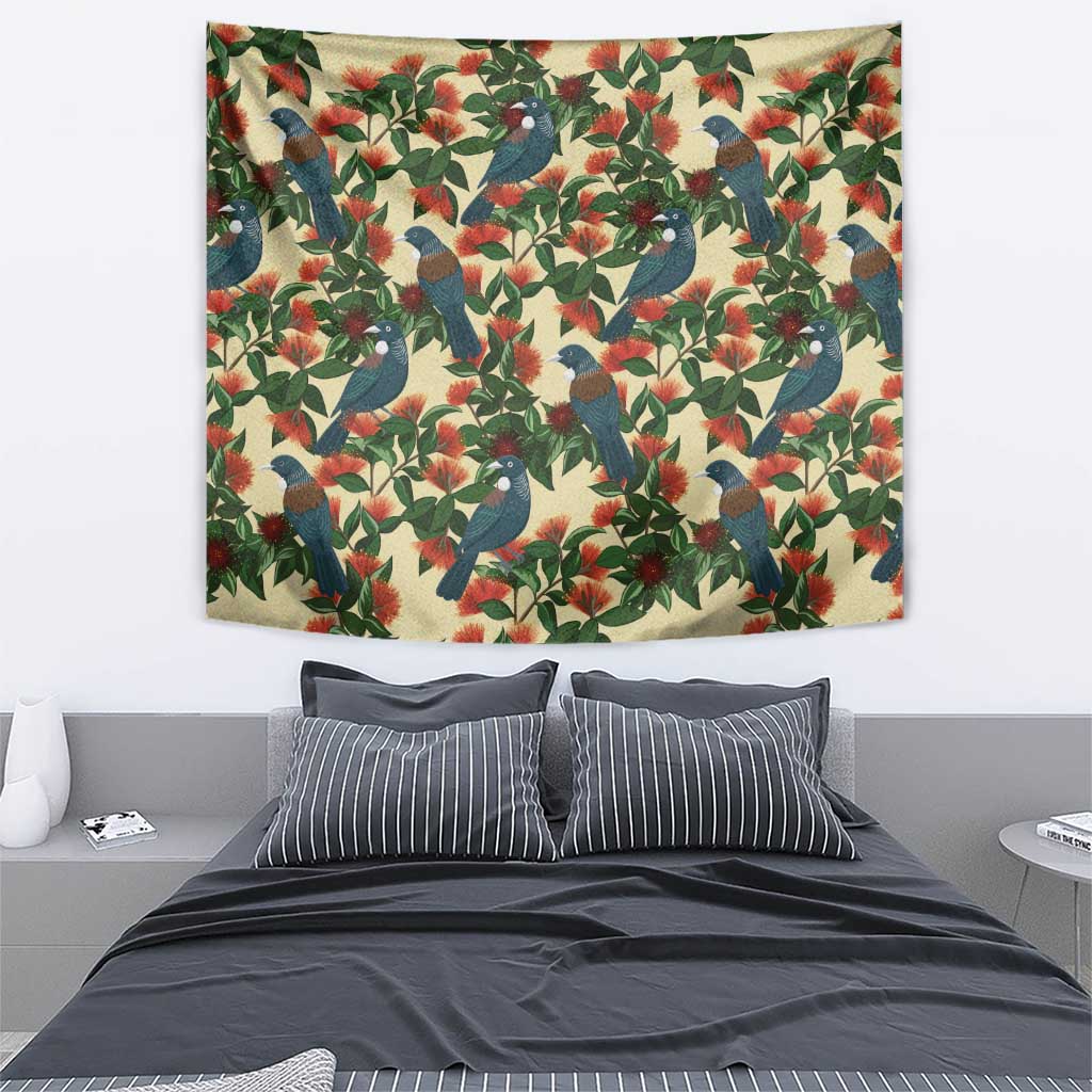 New Zealand Christmas Tapestry Romantic Tui Birds on Pohutukawa - Ivory - Vibe Hoodie