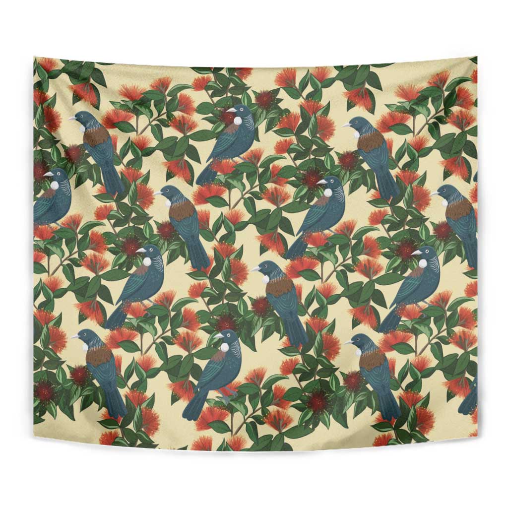 New Zealand Christmas Tapestry Romantic Tui Birds on Pohutukawa - Ivory - Vibe Hoodie