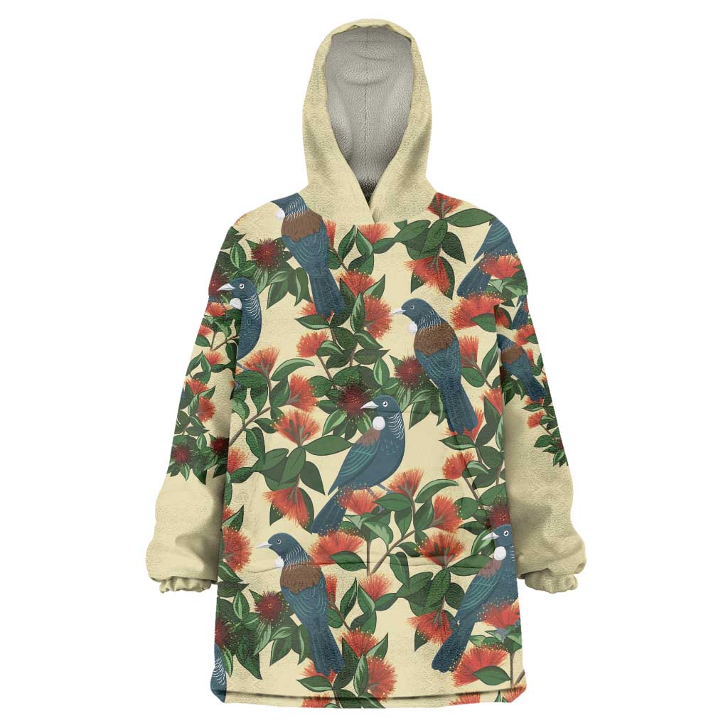 New Zealand Christmas Wearable Blanket Hoodie Romantic Tui Birds on Pohutukawa - Ivory - Vibe Hoodie