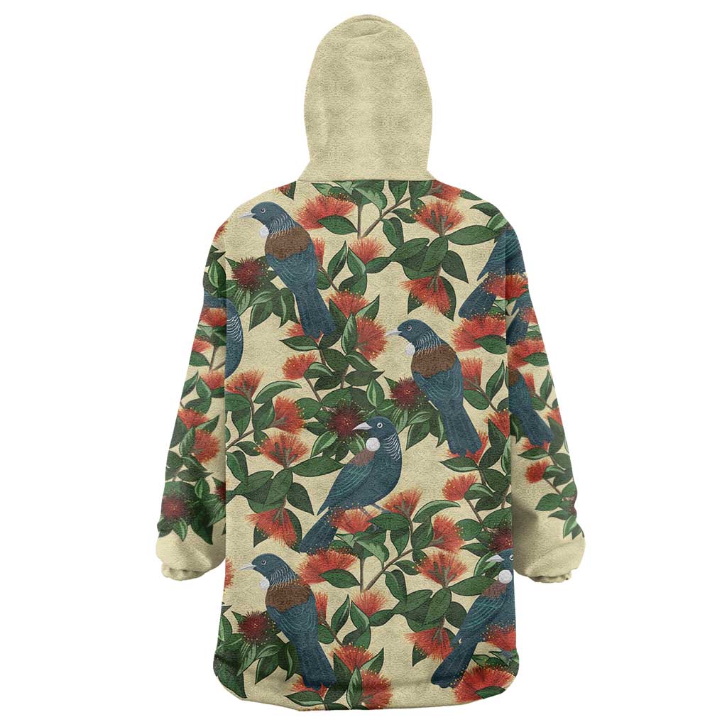 New Zealand Christmas Wearable Blanket Hoodie Romantic Tui Birds on Pohutukawa - Ivory - Vibe Hoodie