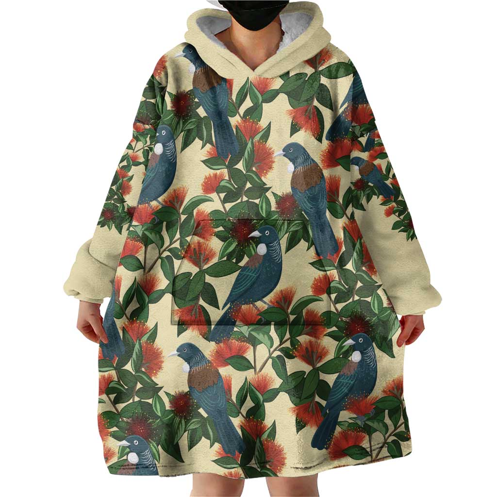 New Zealand Christmas Wearable Blanket Hoodie Romantic Tui Birds on Pohutukawa - Ivory - Vibe Hoodie