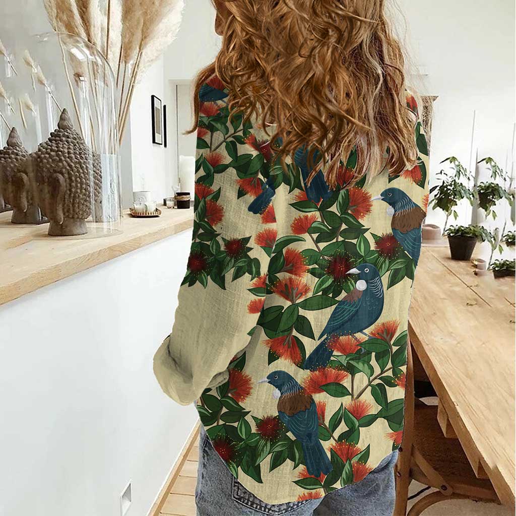 New Zealand Christmas Women Casual Shirt Romantic Tui Birds on Pohutukawa - Ivory - Vibe Hoodie