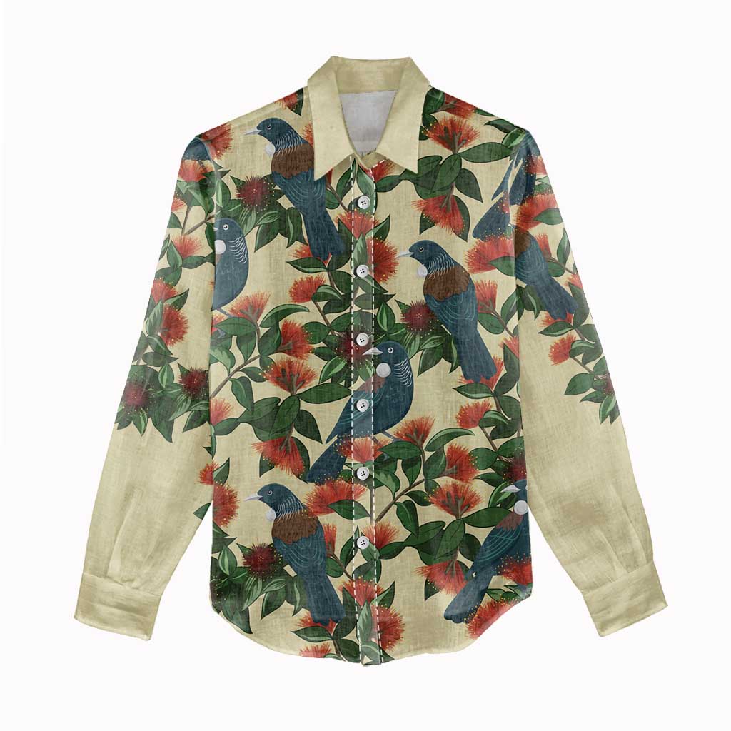 New Zealand Christmas Women Casual Shirt Romantic Tui Birds on Pohutukawa - Ivory - Vibe Hoodie