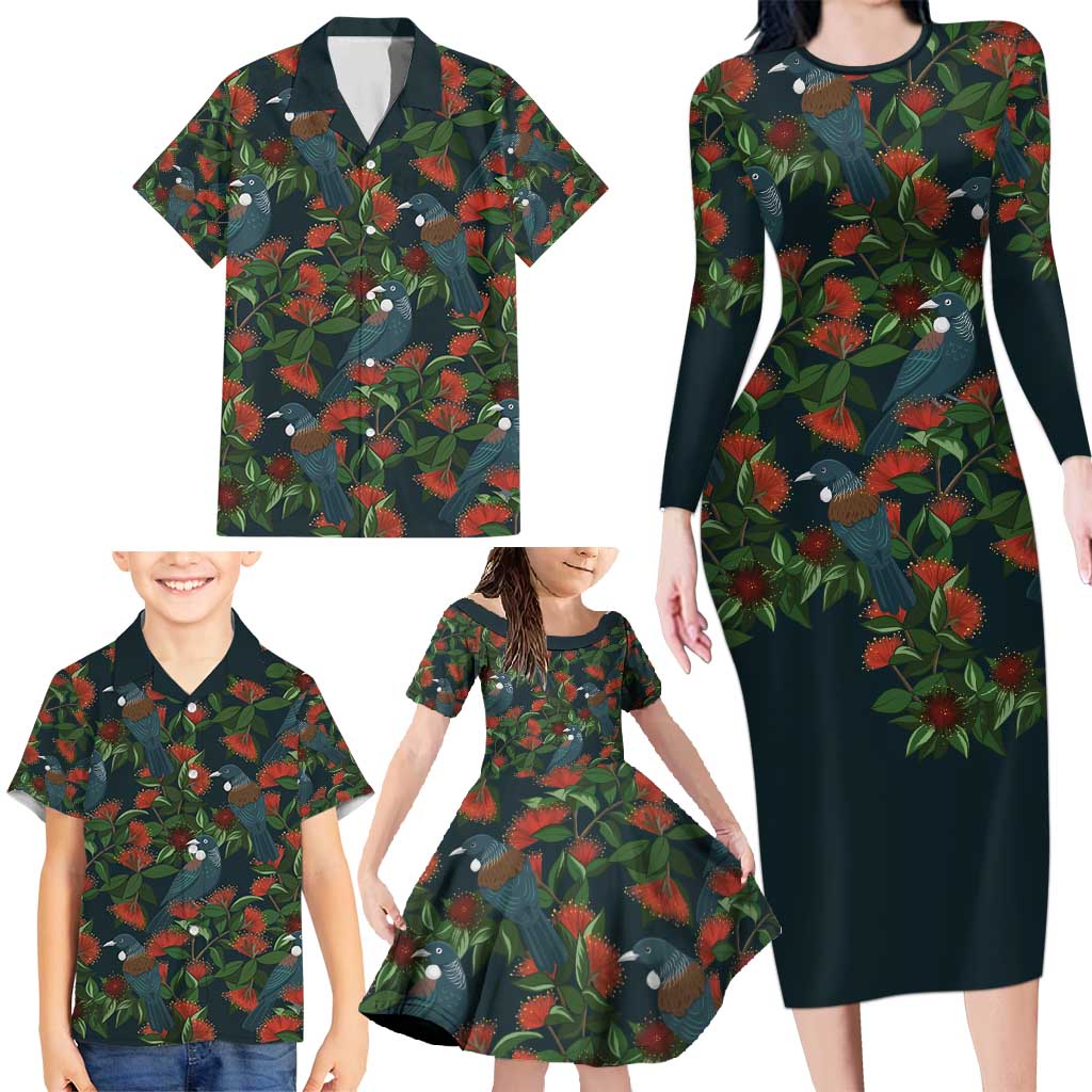 New Zealand Christmas Family Matching Long Sleeve Bodycon Dress and Hawaiian Shirt Romantic Tui Birds on Pohutukawa - Cobalt - Vibe Hoodie