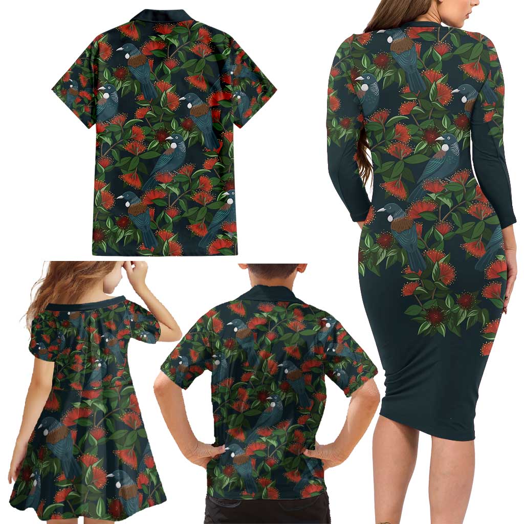 New Zealand Christmas Family Matching Long Sleeve Bodycon Dress and Hawaiian Shirt Romantic Tui Birds on Pohutukawa - Cobalt - Vibe Hoodie