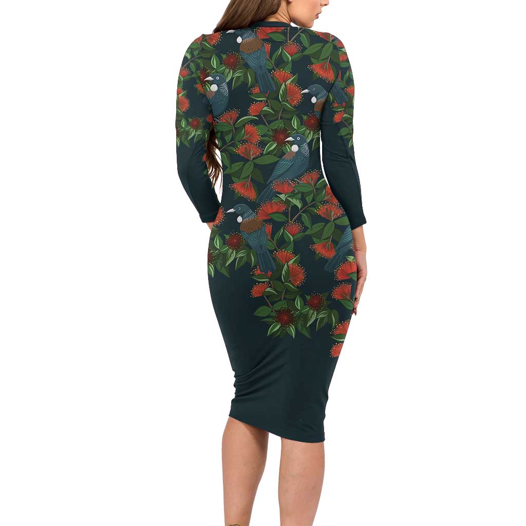 New Zealand Christmas Family Matching Long Sleeve Bodycon Dress and Hawaiian Shirt Romantic Tui Birds on Pohutukawa - Cobalt - Vibe Hoodie