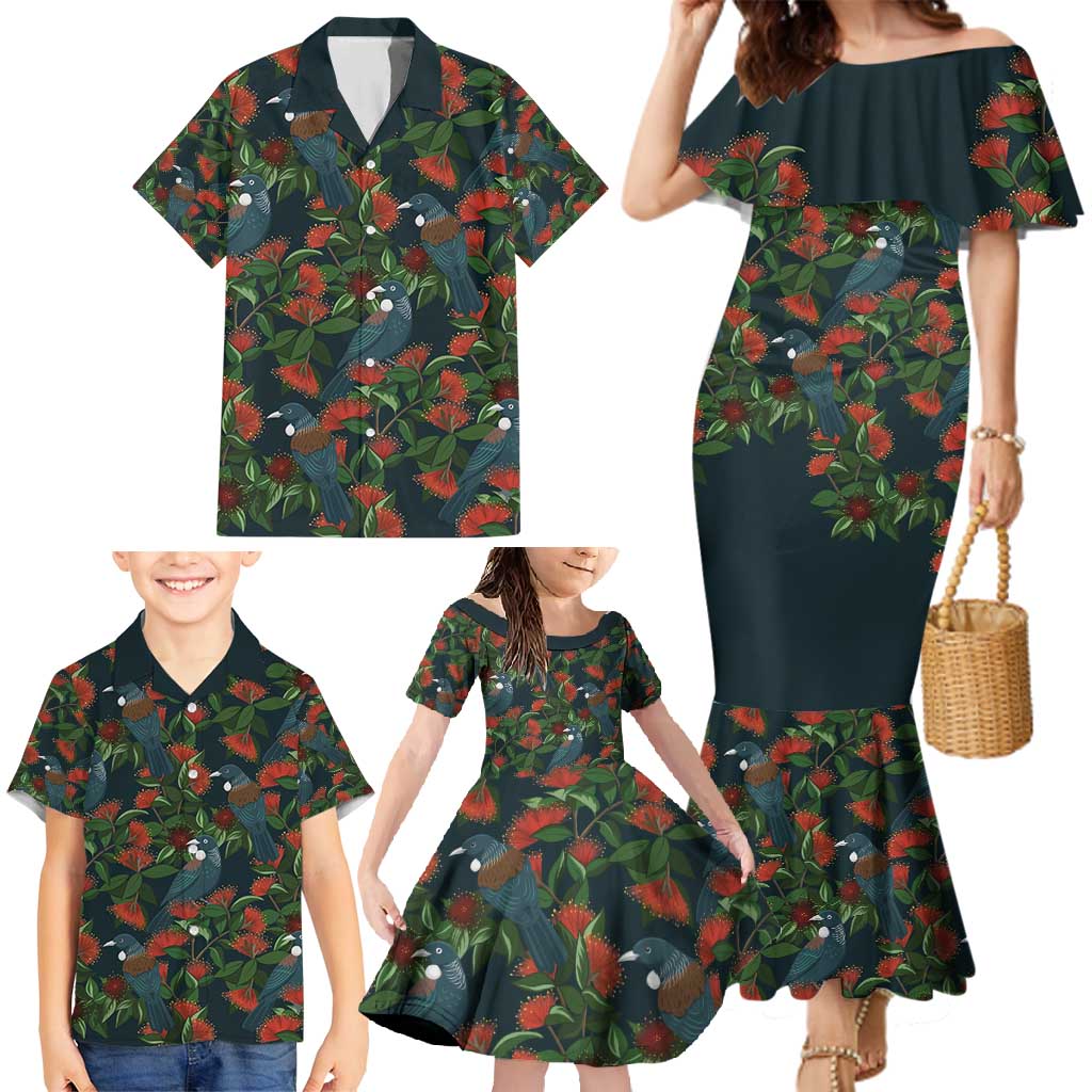 New Zealand Christmas Family Matching Mermaid Dress and Hawaiian Shirt Romantic Tui Birds on Pohutukawa - Cobalt - Vibe Hoodie