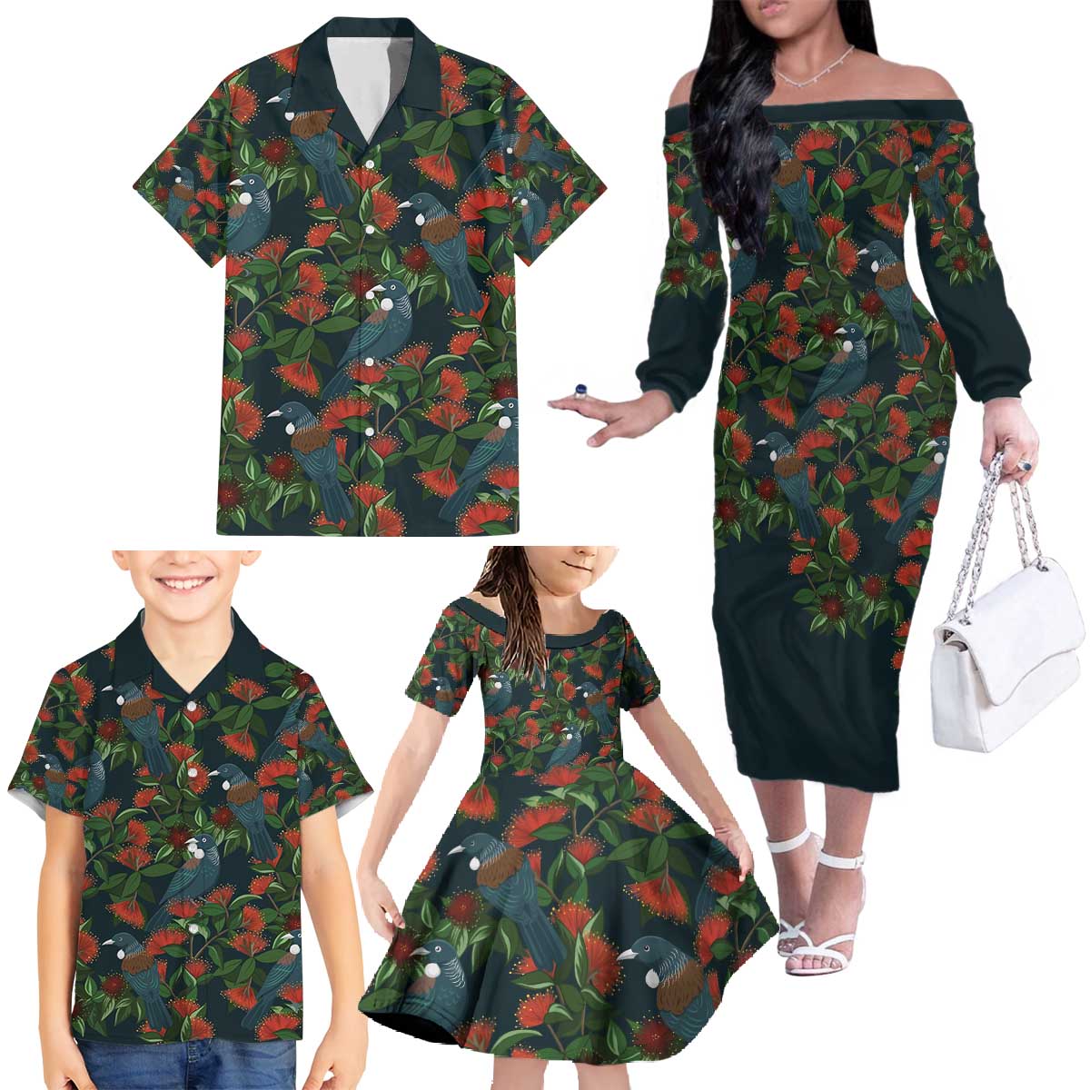 New Zealand Christmas Family Matching Off The Shoulder Long Sleeve Dress and Hawaiian Shirt Romantic Tui Birds on Pohutukawa - Cobalt - Vibe Hoodie