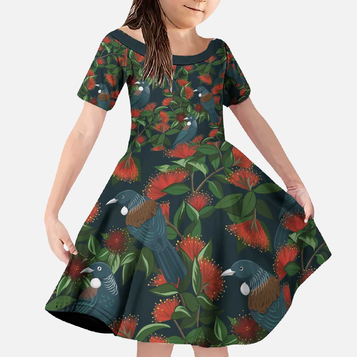 New Zealand Christmas Family Matching Off The Shoulder Long Sleeve Dress and Hawaiian Shirt Romantic Tui Birds on Pohutukawa - Cobalt - Vibe Hoodie