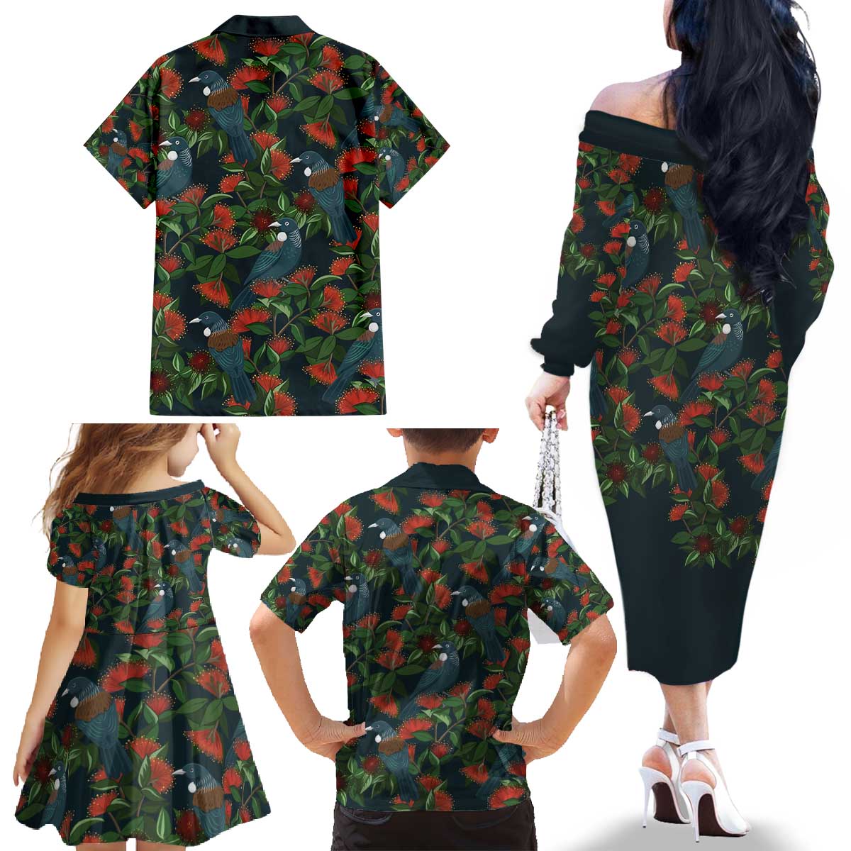 New Zealand Christmas Family Matching Off The Shoulder Long Sleeve Dress and Hawaiian Shirt Romantic Tui Birds on Pohutukawa - Cobalt - Vibe Hoodie