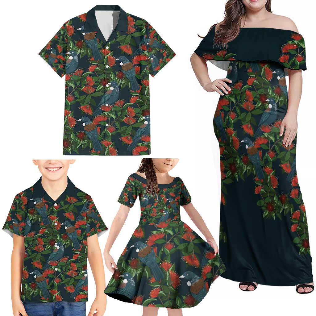 New Zealand Christmas Family Matching Off Shoulder Maxi Dress and Hawaiian Shirt Romantic Tui Birds on Pohutukawa - Cobalt - Vibe Hoodie