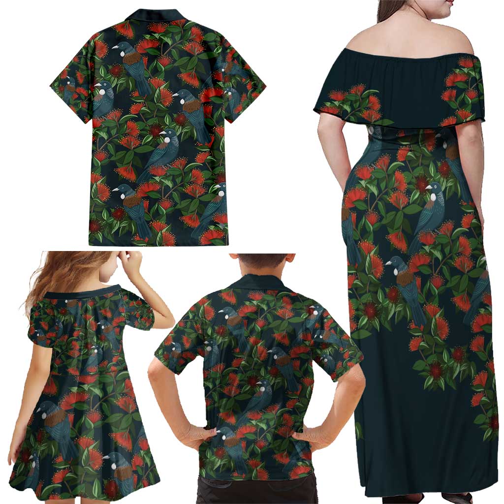 New Zealand Christmas Family Matching Off Shoulder Maxi Dress and Hawaiian Shirt Romantic Tui Birds on Pohutukawa - Cobalt - Vibe Hoodie