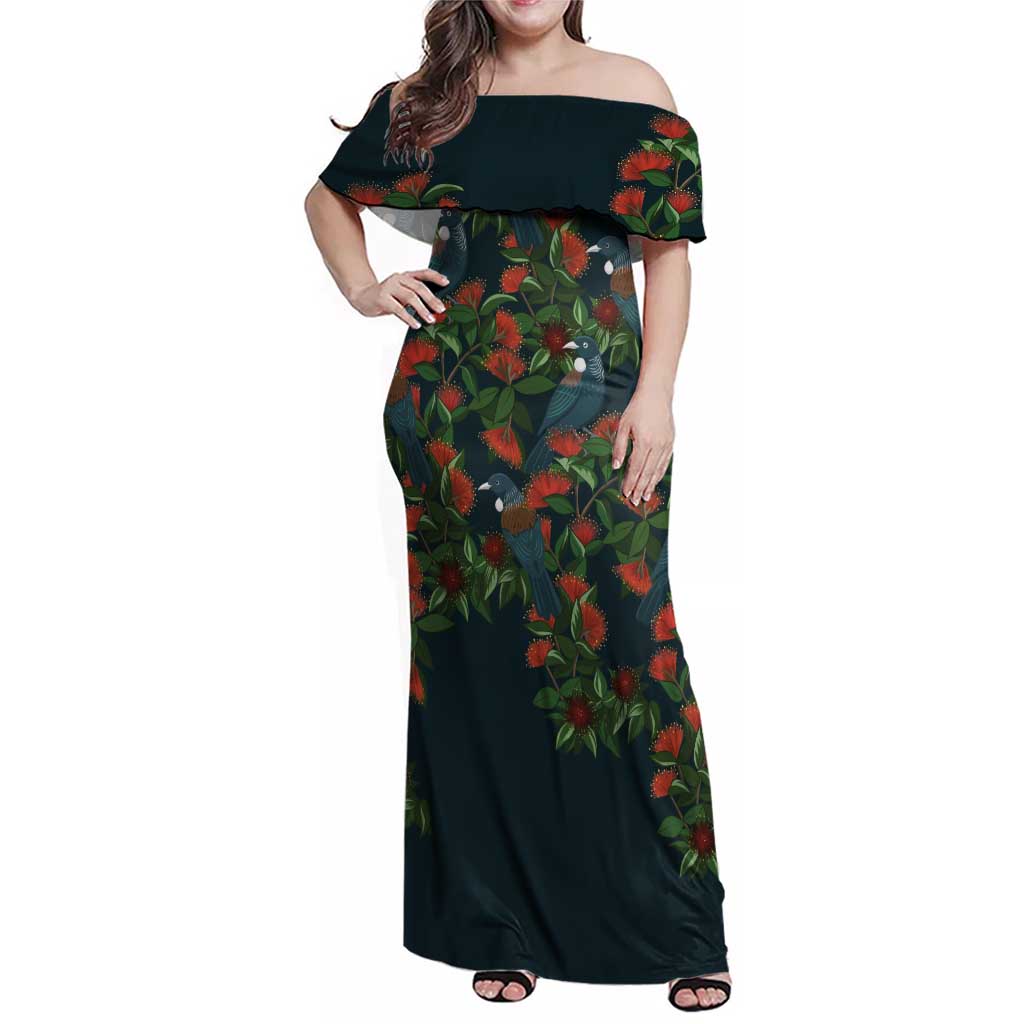 New Zealand Christmas Family Matching Off Shoulder Maxi Dress and Hawaiian Shirt Romantic Tui Birds on Pohutukawa - Cobalt - Vibe Hoodie