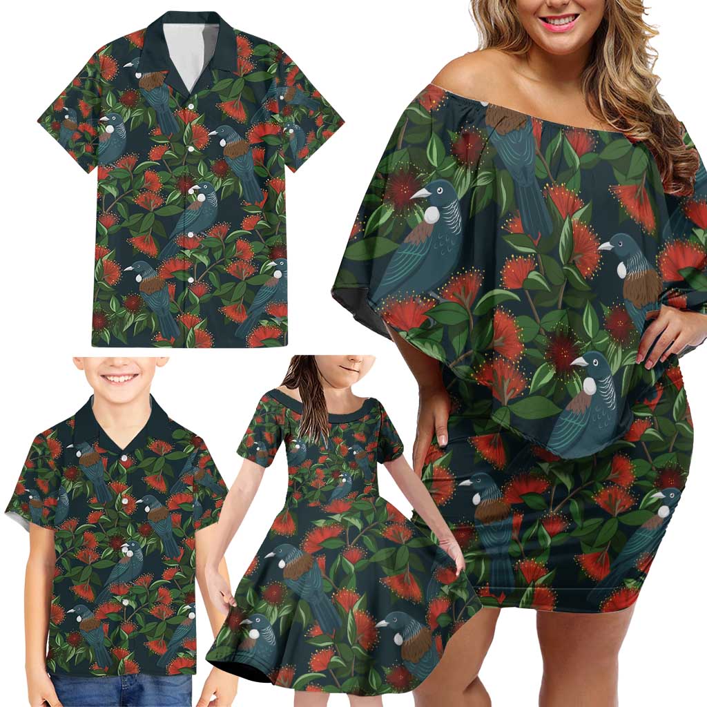New Zealand Christmas Family Matching Off Shoulder Short Dress and Hawaiian Shirt Romantic Tui Birds on Pohutukawa - Cobalt - Vibe Hoodie