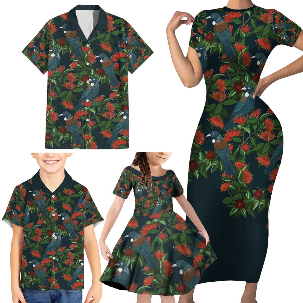 New Zealand Christmas Family Matching Short Sleeve Bodycon Dress and Hawaiian Shirt Romantic Tui Birds on Pohutukawa - Cobalt - Vibe Hoodie