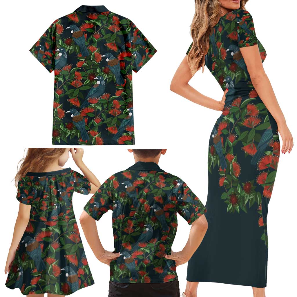 New Zealand Christmas Family Matching Short Sleeve Bodycon Dress and Hawaiian Shirt Romantic Tui Birds on Pohutukawa - Cobalt - Vibe Hoodie