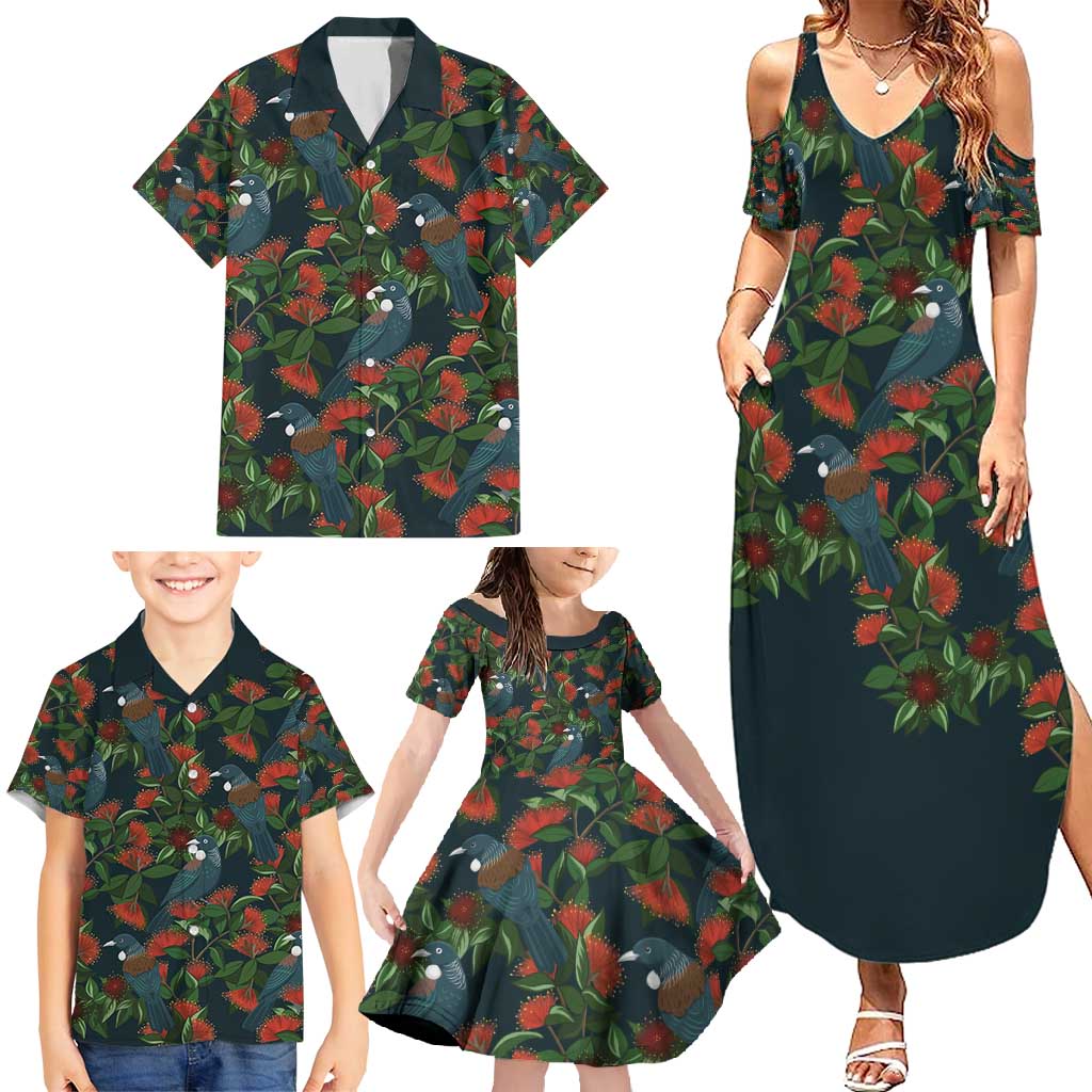 New Zealand Christmas Family Matching Summer Maxi Dress and Hawaiian Shirt Romantic Tui Birds on Pohutukawa - Cobalt - Vibe Hoodie